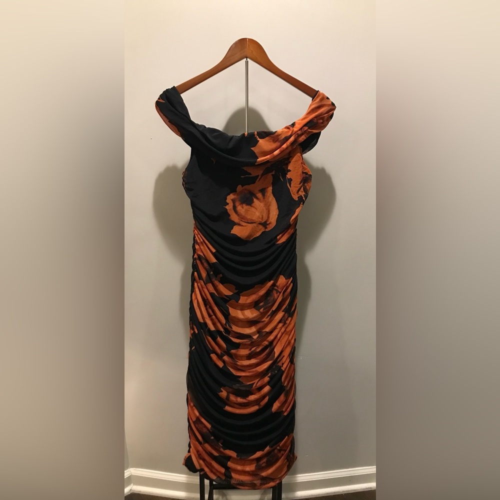 Premier Off The Shoulder Ruched Dress in Black and Orange Floral - Size 12